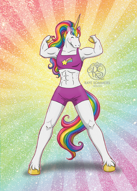 A very muscular, happy unicorn flexing their muscles