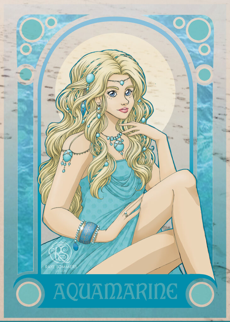 Illustration of a personification of the aquamarine gemstone