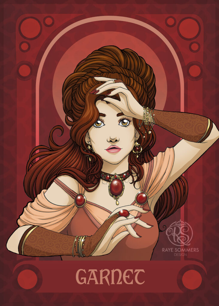Illustration of a personification of the garnet gemstone