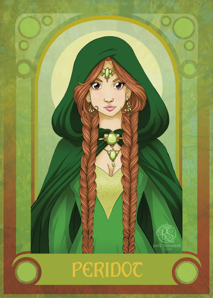 Illustration of a personification of the peridot gemstone
