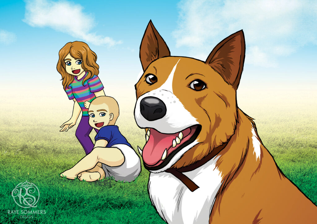 Portrait of a dog and two small children