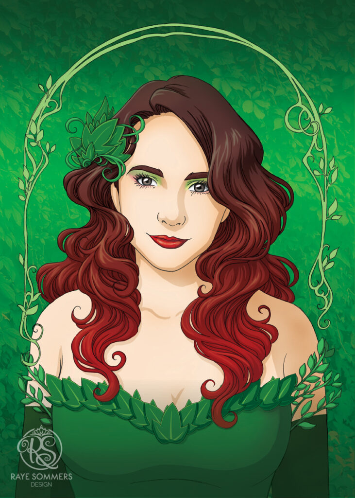 Portrait Illustration Commission of a lovely lady in Poison Ivy inspired makeup
