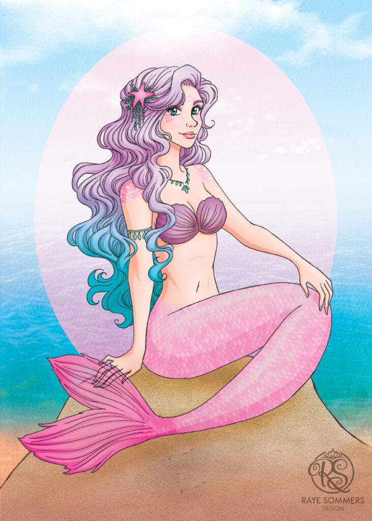 A pretty mermaid sitting on a sand dune