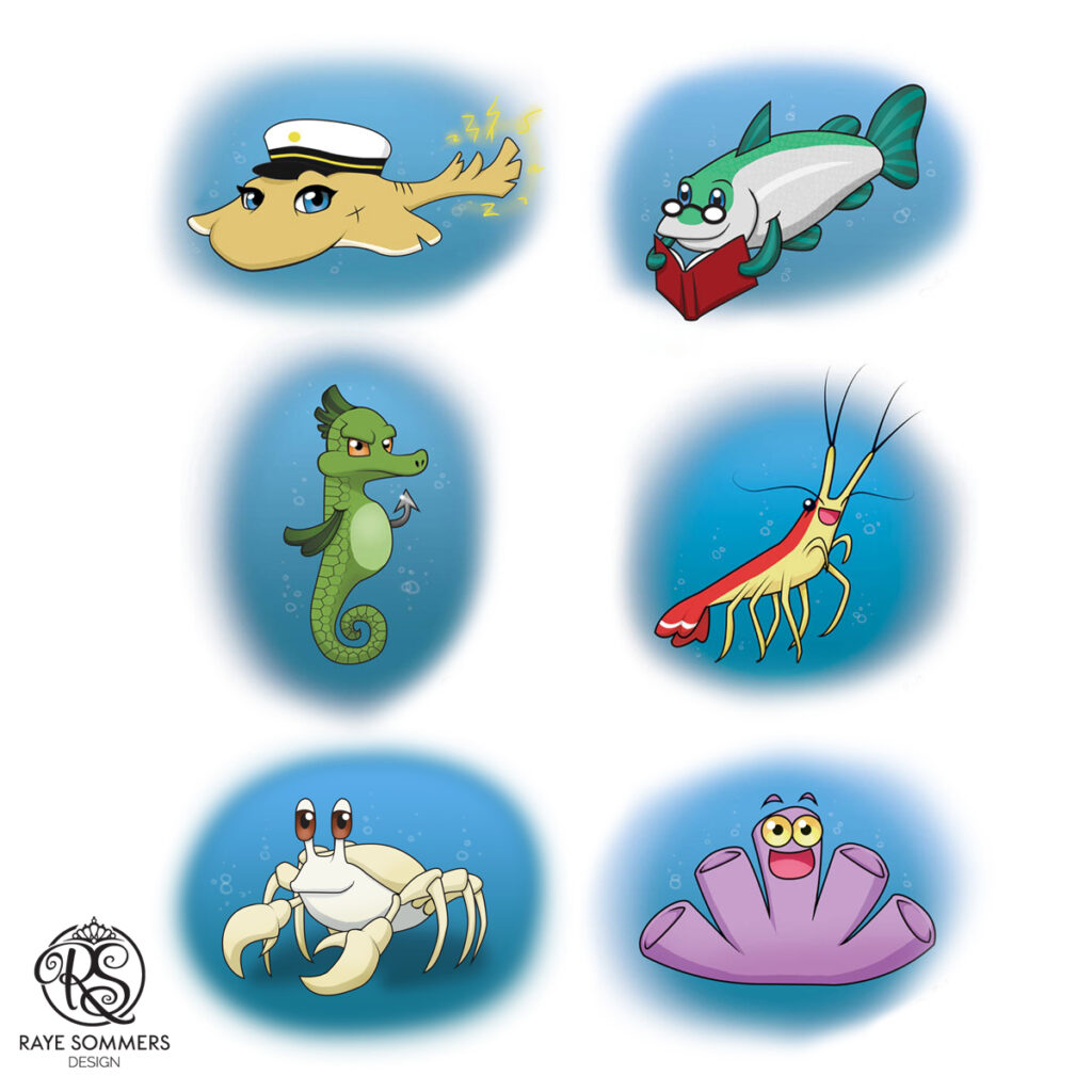 Character designs of a crew of various sea creatures