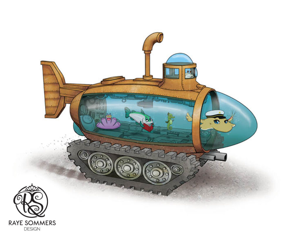 Concept artwork of sea creatures in a unique vehicle