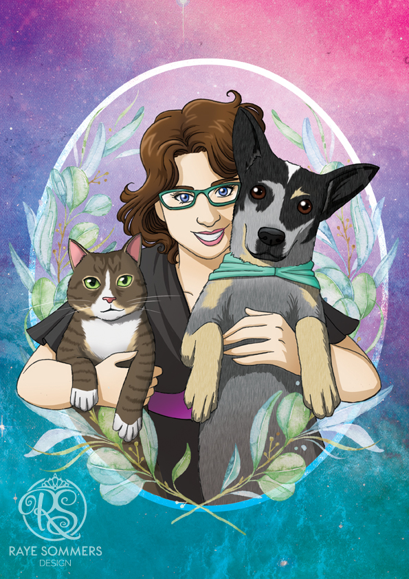 Portrait illustration of a girl and her pet dog and cat