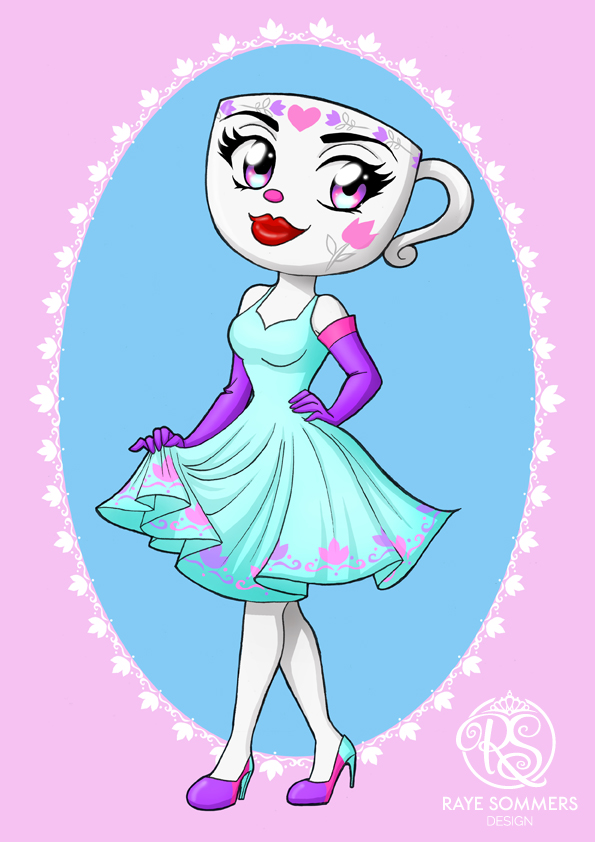 A feminine lady with a teacup head