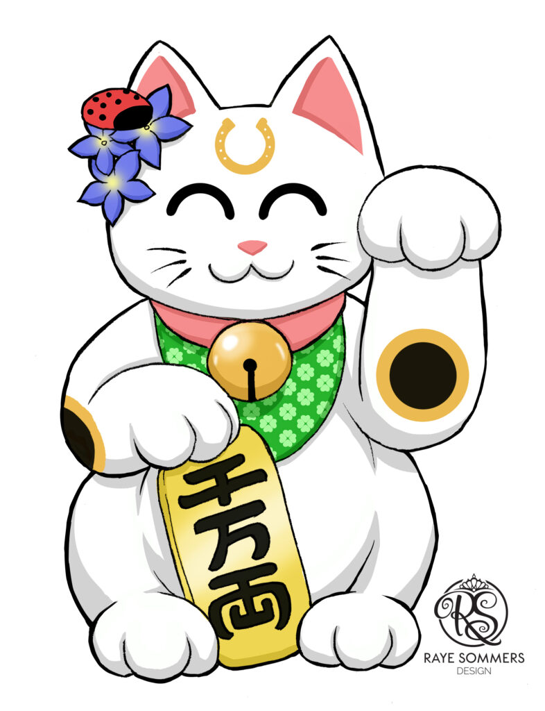 Tattoo design of a lucky cat and various luck symbols