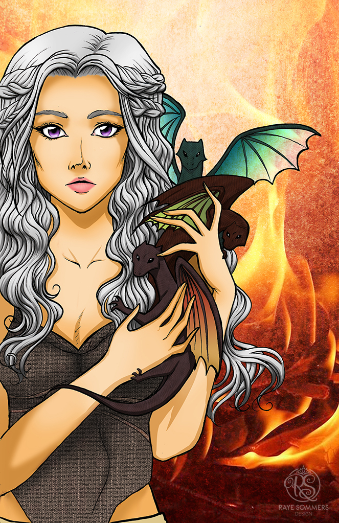 Daenerys, the Mother of Dragons, from Game of Thrones with her 3 baby dragons