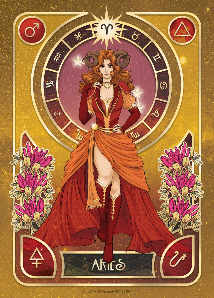 Illustration of a character personifying the astrological sign of Aries. She has auburn hair and ram's horns. She is wearing a red and orange dress. She is infront of a yellow star filled background and is surrounded by elements and symbols relating to Aries.