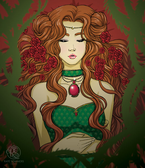 An illustration of the Sleeping Beauty fairytale. A beautiful woman sleeps with roses in her hair and surrounded by brambles