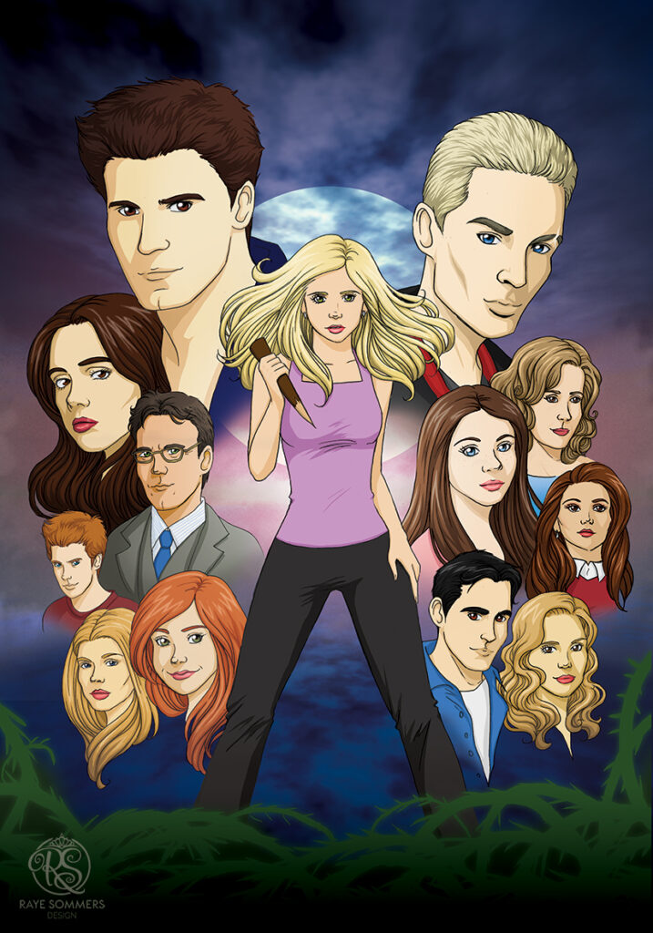 Illustrated group of the characters from the Buffy the Vampire Slayer TV show