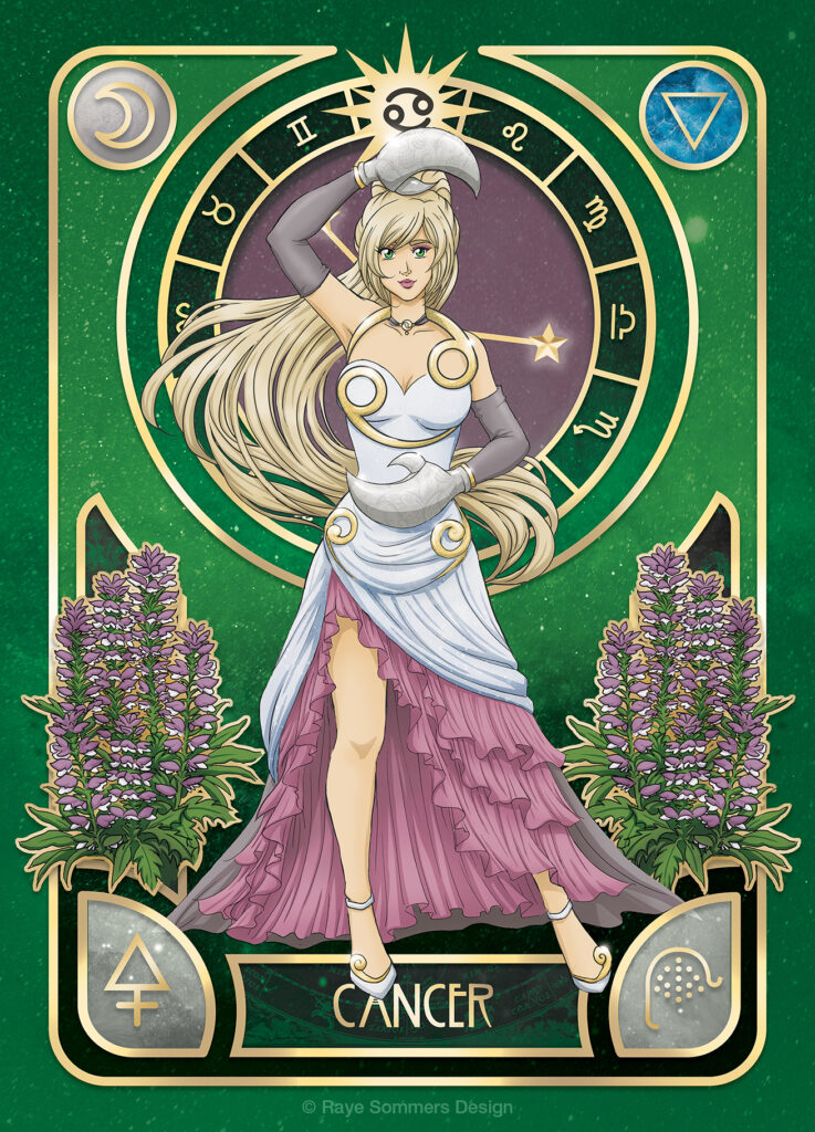 Illustration of a character personifying the astrological sign of Cancer. She has pale blonde hair and has metallic crab-like claws. She is wearing a silver white dress with pink ruffles and golden embellishments. She is infront of a green star-filled background and is surrounded by elements and symbols relating to Cancer.