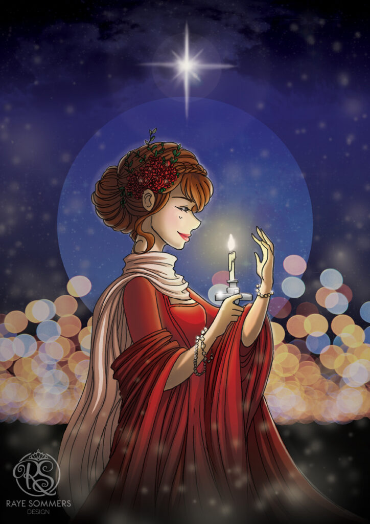 A peaceful scene of a woman in a red dress holding a candle with a guiding star above her