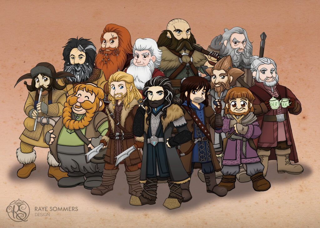 Illustrated group of the dwarves from the Hobbit trilogy - Thorin, Kili, Fili, Bifur, Bofur, Bombur, Gloin, Oin, Balin, Dwalin, Ori, Nori and Dori