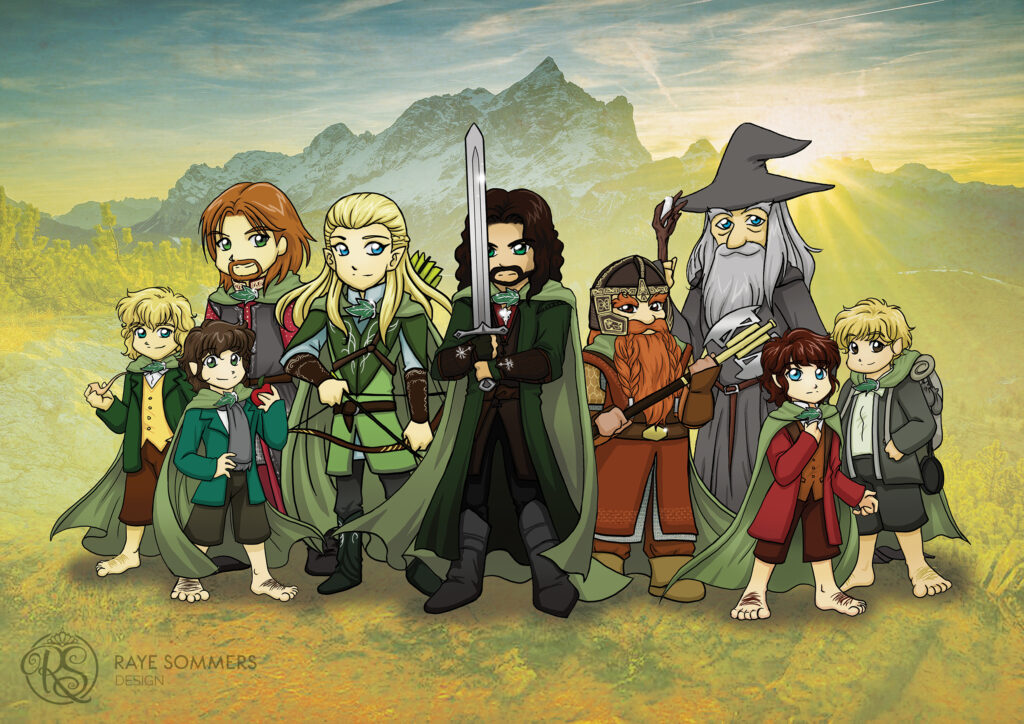 Group illustration of the characters from the Lord of the Rings - Aragorn, Legolas, Gimli, Gandalf, Frodo, Sam, Merry, Pippin, and Boromir