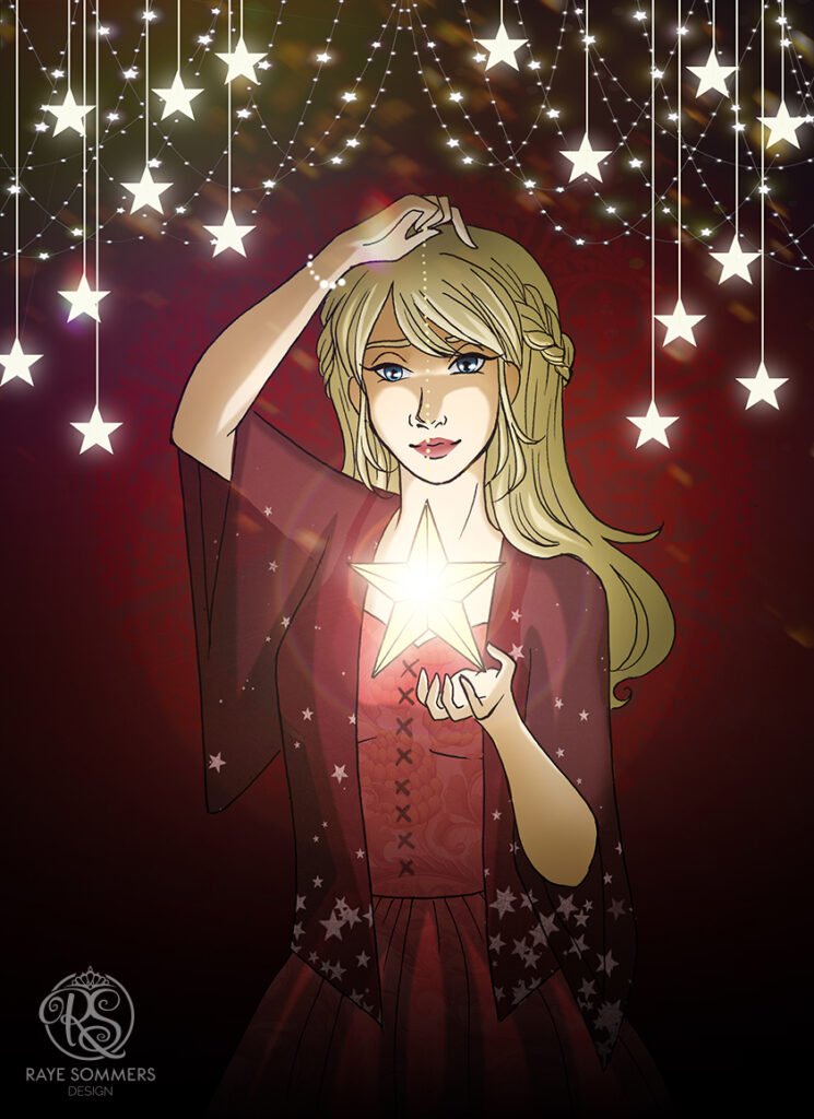 A blonde woman holds a star on a chain and looks at it thoughtfully