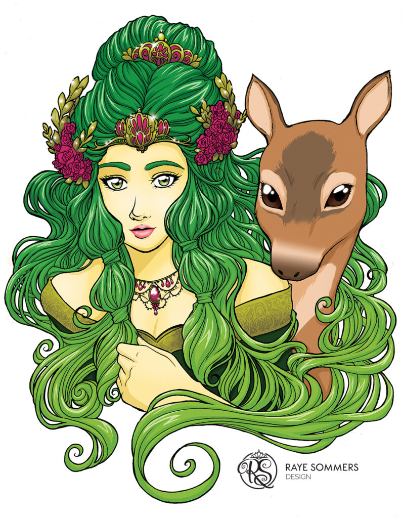 A woman with flowing green hair and intricate golden jewellery, with a doe friend