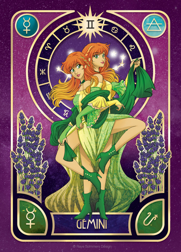 Illustration of a characters personifying the astrological sign of Gemini. They are two twins, standing back to back. They have copper red hair and are wearing green and yellow dresses. They are infront of a purple star-filled background and are surrounded by elements and symbols relating to Gemini.