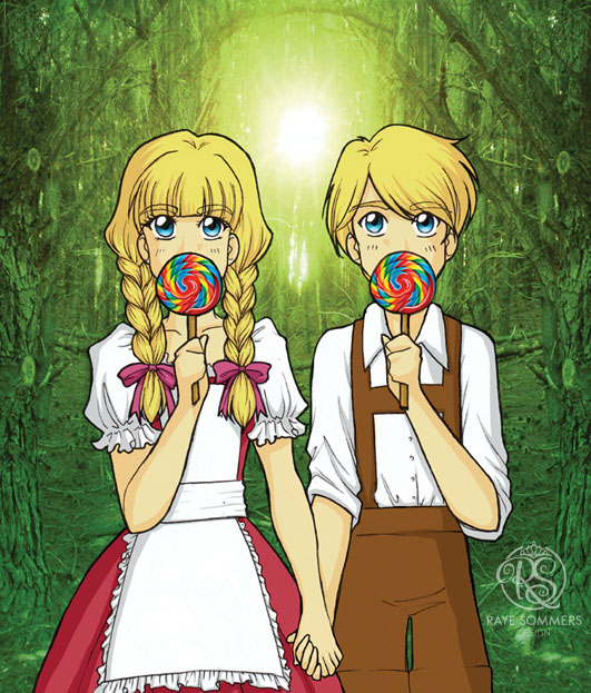 And illustration of the Hansel and Gretel fairytale. Young blonde boy and girl are holding hands in the woods, while eating lollipops