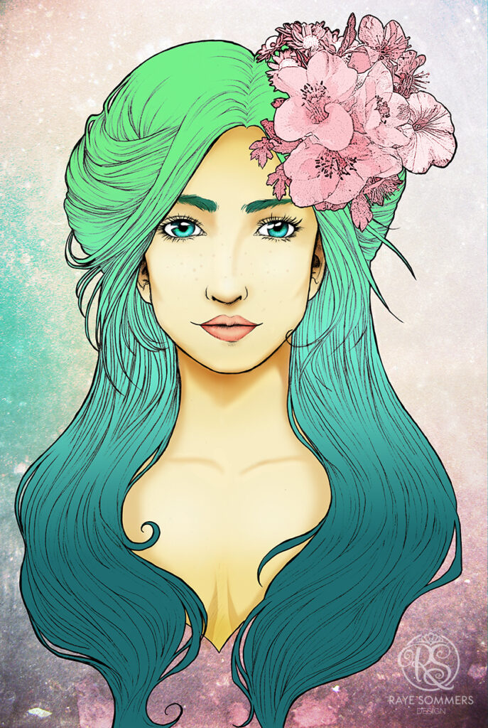 Illustration of a woman. She has green hair and pink flowers in her hair