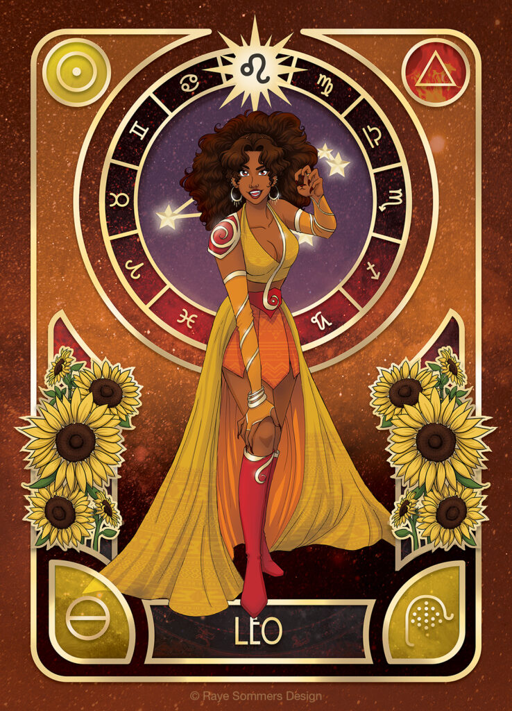 Illustration of a character personifying the astrological sign of Leo. She has dark brown hair and a mischievous expression on her face. She has long sharp claws. She is wearing a yellow and orange dress. She is infront of an orange star-filled background and is surrounded by elements and symbols relating to Leo.