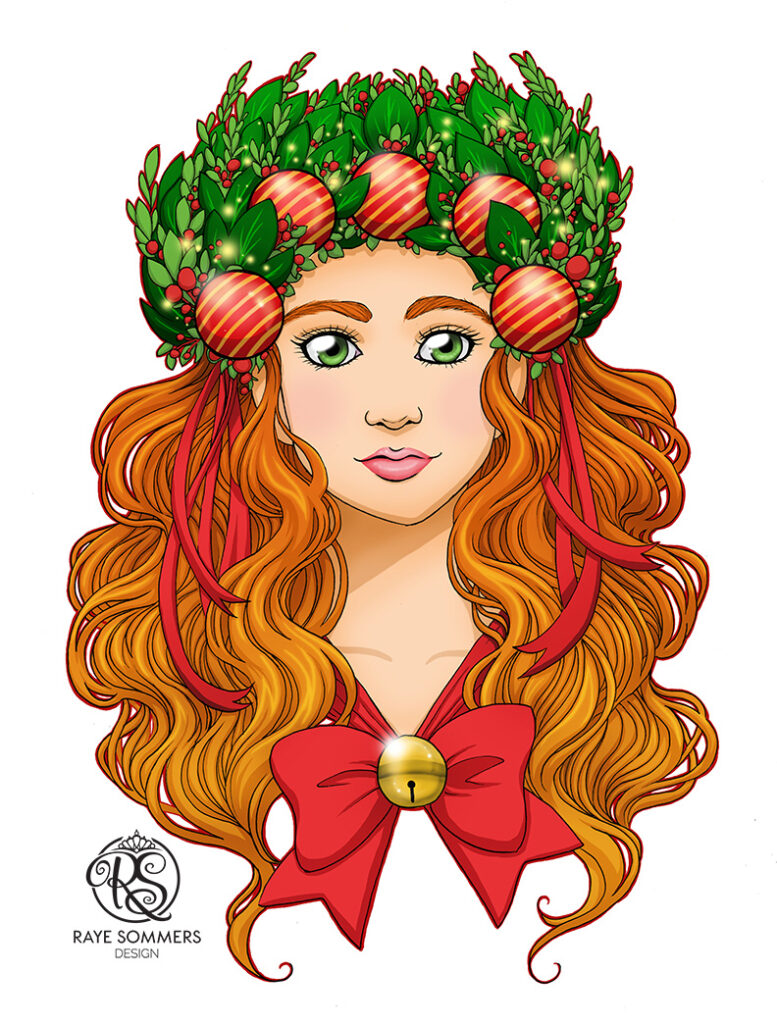 A young woman with flowing copper red hair, a flower crown with Christmas baubles and holly, and red ribbons.