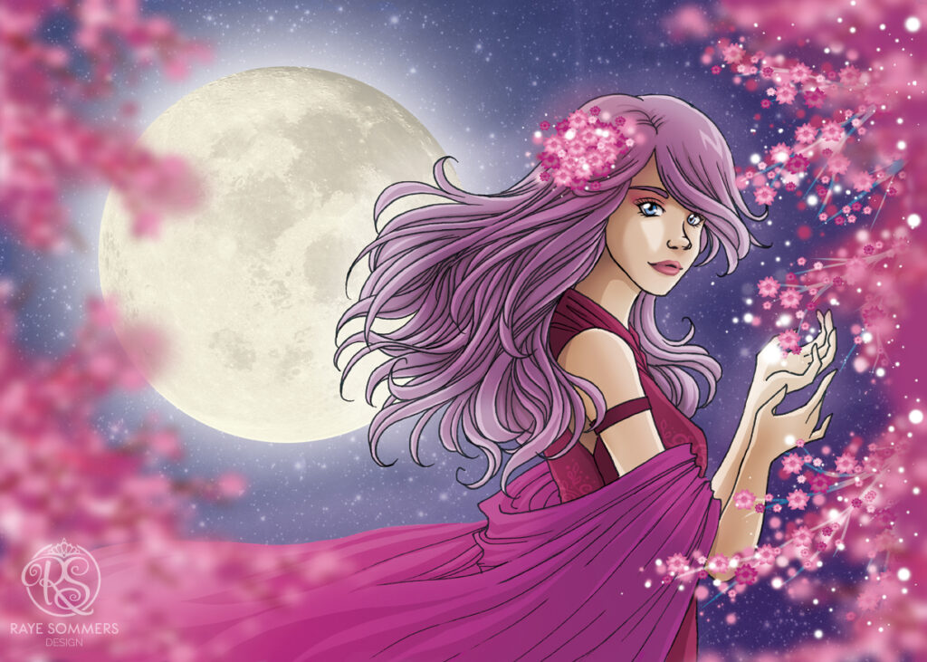purple-haired woman amongst cherry blossoms at night time