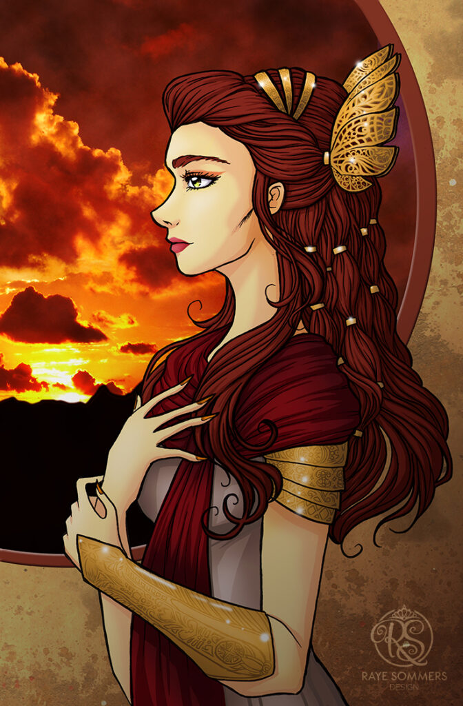 Fantasy illustration of a regal looking woman with golden armour in front of a window and a sky at sunset