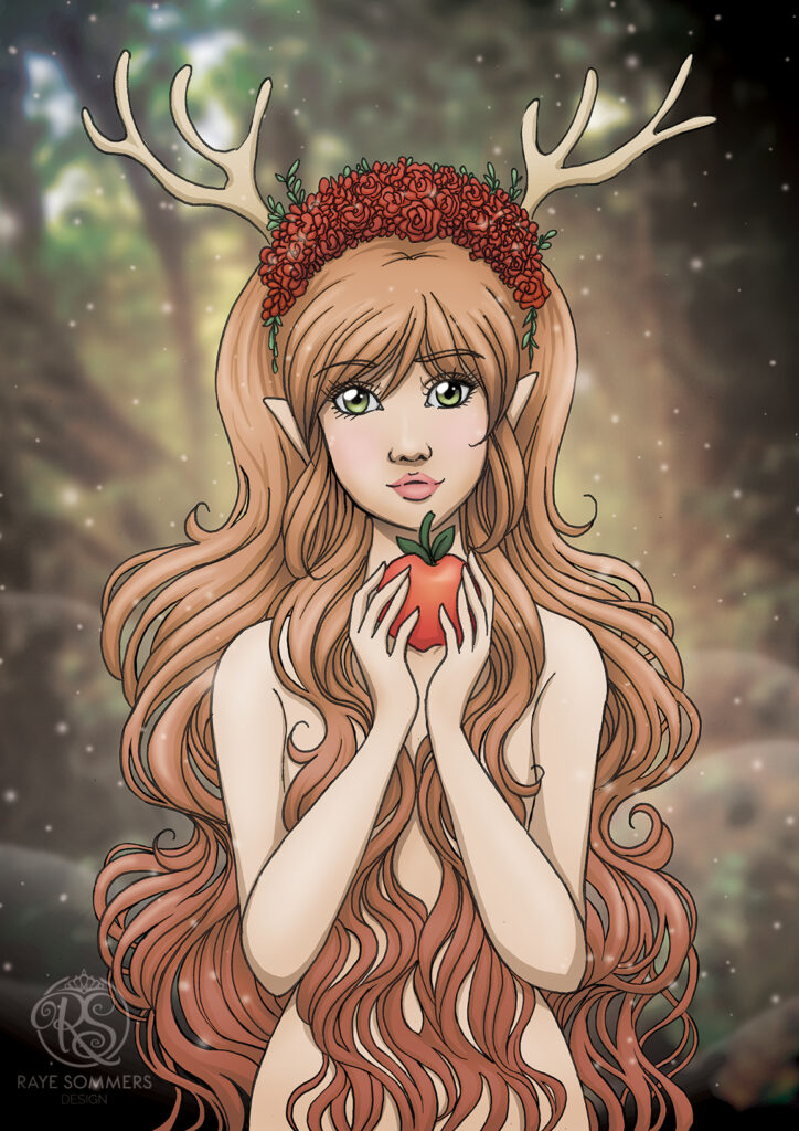 A fae-like girl with long brown hair and antlers holds an apple