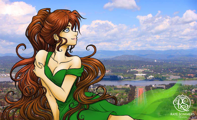 Illustration of a woman with flowing brown hair. She is wearing a flowing green dress. She has the Australian Capital City of Canberra in the background