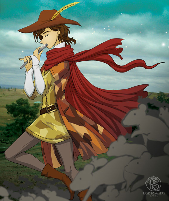 An illustration of the Pied Piper fairytale. A man wearing patchy clothes moves forward while playing a pipe, and he is followed by swarms of rats