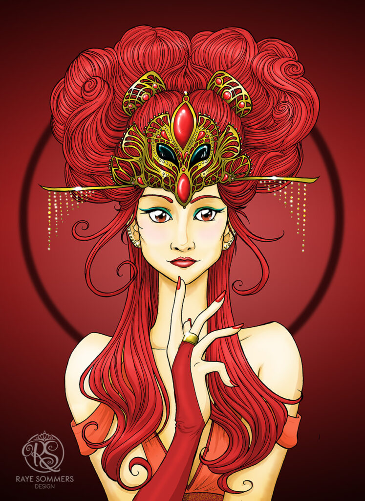 A fantasy queen with intricate crimson red hair, an ornate headdress and an intrigued expression