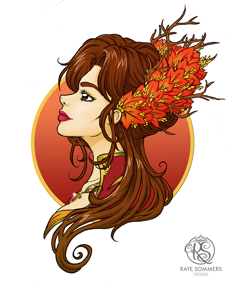 Woman personifying Autumn. Brown hair and a head-dress made of autumn leaves