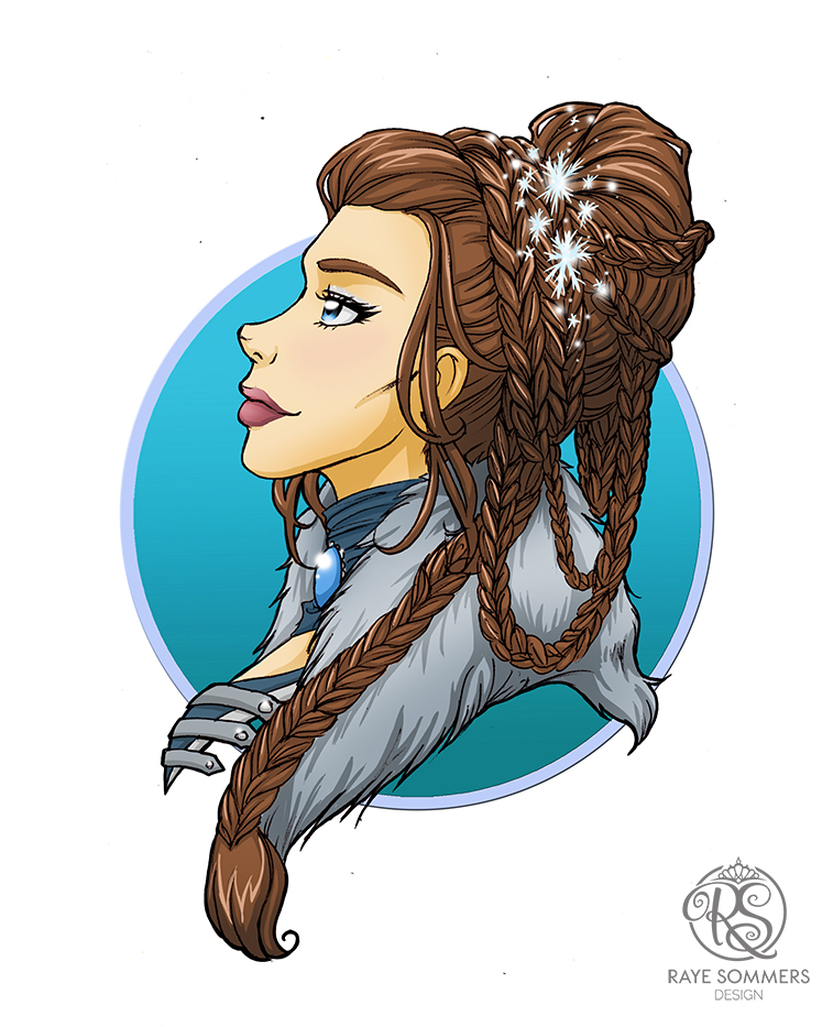 Woman personifying Winter. Brown hair in intricate braids with snowflakes. Warm clothing.