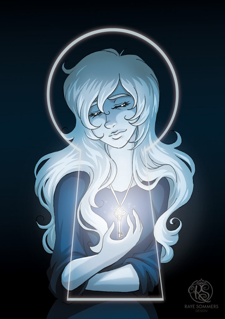 A tired looking woman with a key on a pendant, within a key hole