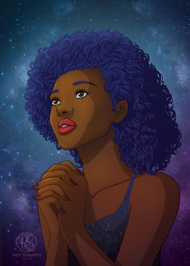 A dark skinned woman looks up to the night sky