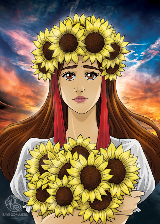 A sad woman wears a crown of sunflowers and holds a bunch of sunflowers tightly, in an expression of hope