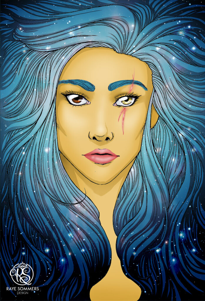Illustration of a woman's face. She has swirling blue hair that contains constellations. She has one golden eye which has a scar running above and below it.
