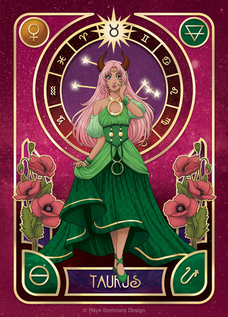 Illustration of a character personifying the astrological sign of Taurus. She has pink hair and bull's horns. She is wearing a green dress. She is infront of a pink star-filled background and is surrounded by elements and symbols relating to Taurus.