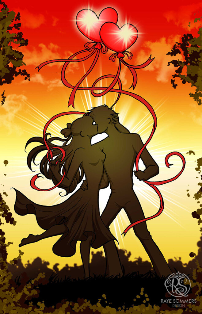 Silhouette of a couple kissing, holding heart shaped balloons on long red ribbons