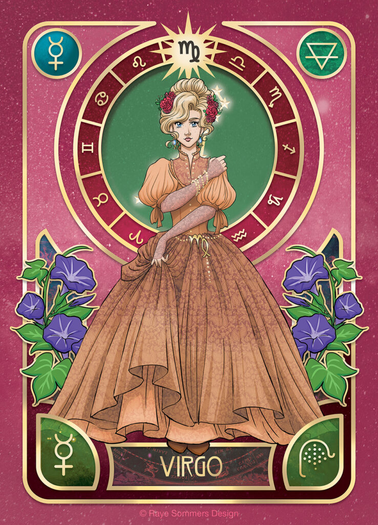 Illustration of a character personifying the astrological sign of Virgo. She has blonde hair pinned up with flowers. She is wearing a dress in different shades of brown. She is infront of a pink star-filled background and is surrounded by elements and symbols relating to Virgo.