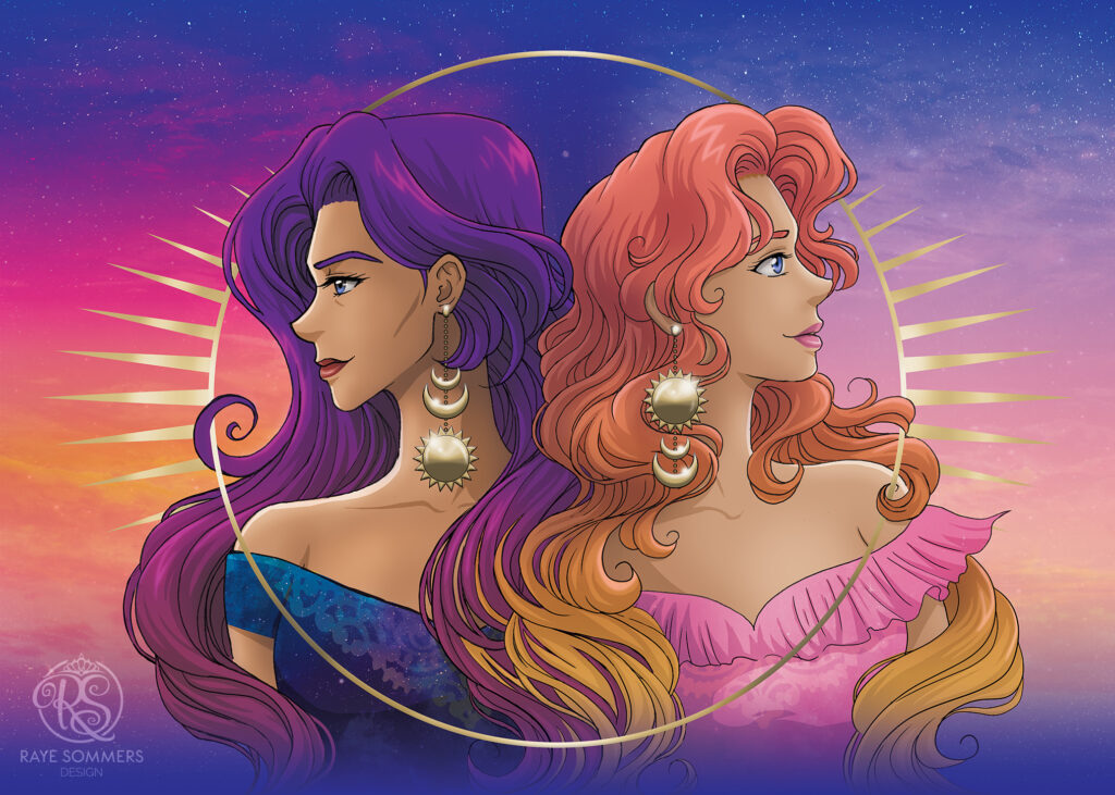 Two women intertwined. One is looking to the left, has purple hair and looks knowledgeable but tired. The other is to the right, has wavy copper hair and looks optimistic.