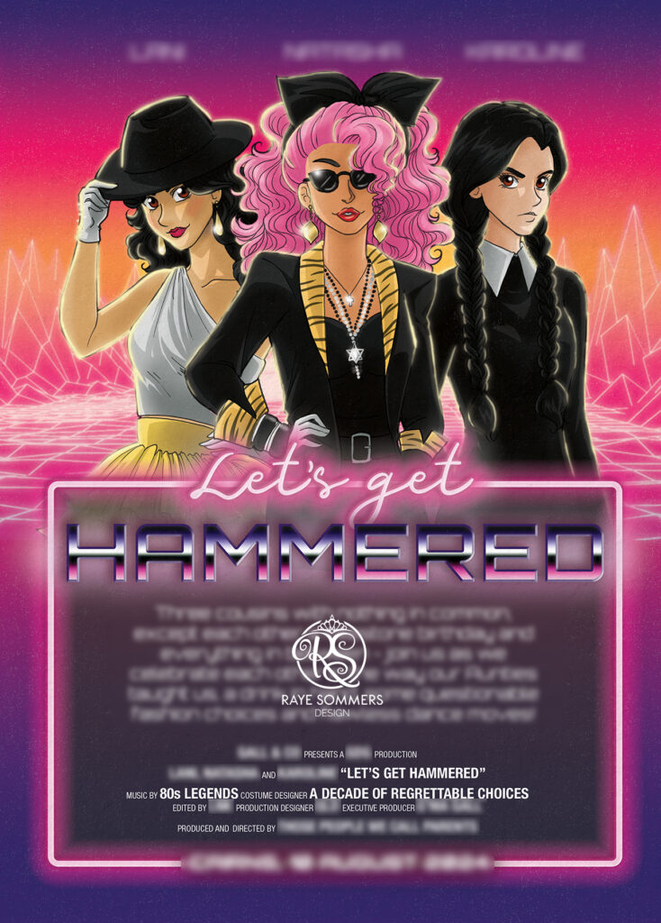 80s themed birthday party invitation with 3 character illustrations set into a VHS movie cover style and the title "Let's Get Hammered"