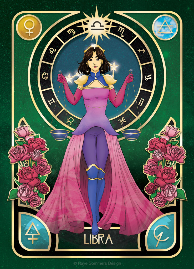 Illustration of a character personifying the astrological sign of Libra. She has dark brown hair and is holding a set of scales, separated by a gold chain. She is wearing pink, purple and blue clothes. She is infront of a green star filled background and is surrounded by elements and symbols relating to Libra.