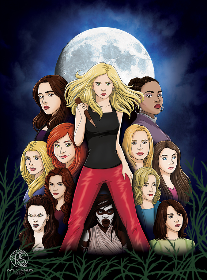 Illustrated group of the main female characters from Buffy the Vampire Slayer